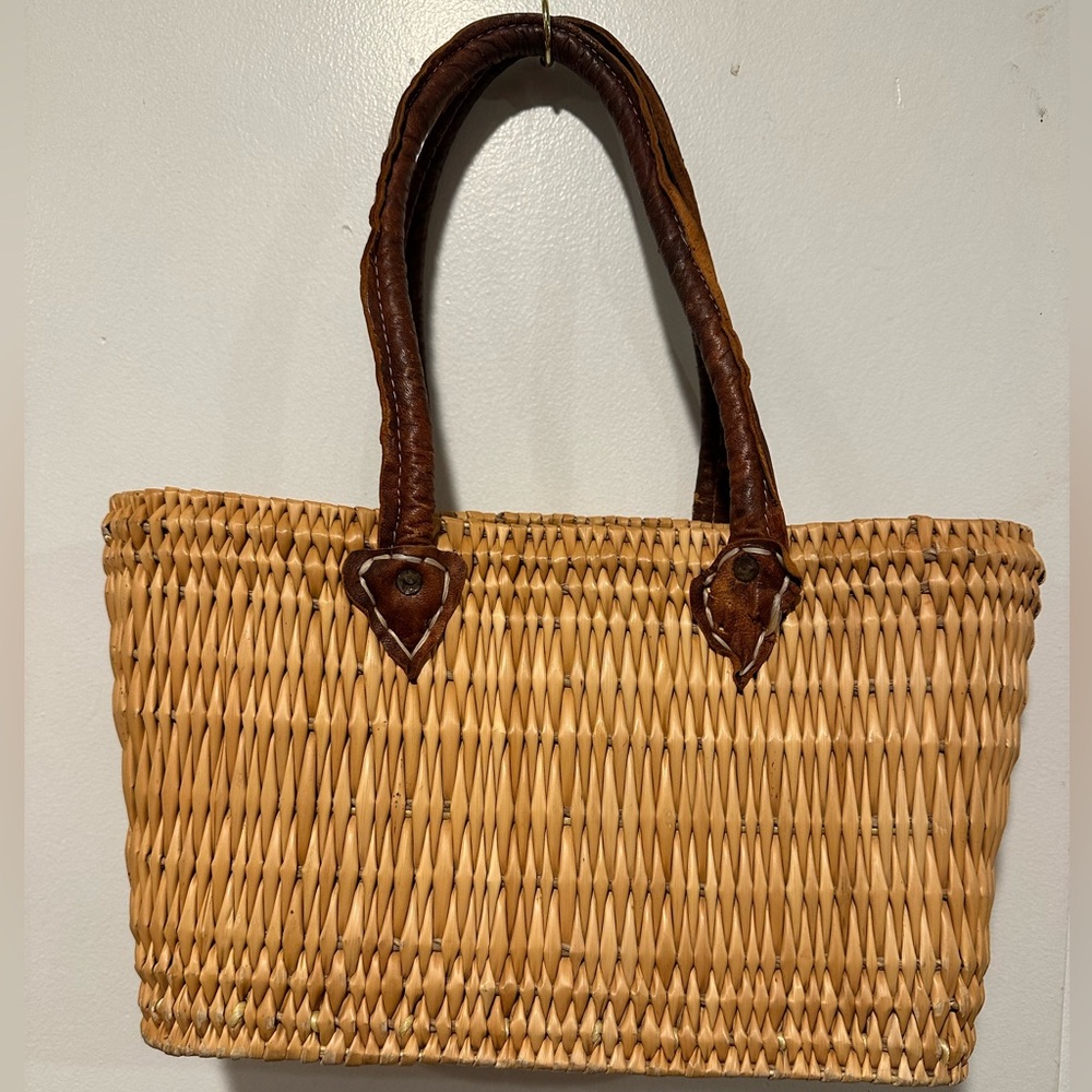 Vintage Woven Straw Market Basket with Leather Handles